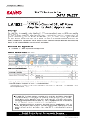 LA4632 datasheet - 10 W Two-Channel BTL AF Power Amplifier for Audio Applications