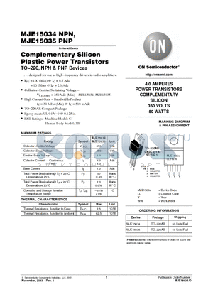 MJE15034 datasheet - 4.0 AMPERES POWER TRANSISTORS COMPLEMENTARY SILICON 350 VOLTS 50 WATTS