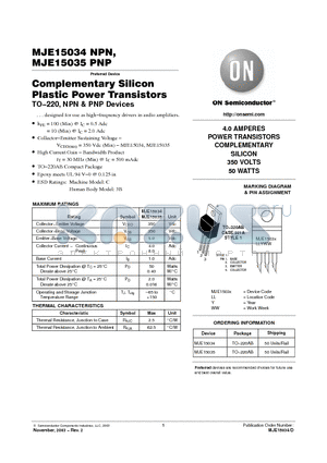 MJE15035 datasheet - 4.0 AMPERES POWER TRANSISTORS COMPLEMENTARY SILICON 350 VOLTS 50 WATTS