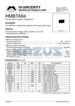 HMBTA94 datasheet - PNP EPITAXIAL PLANAR TRANSISTOR