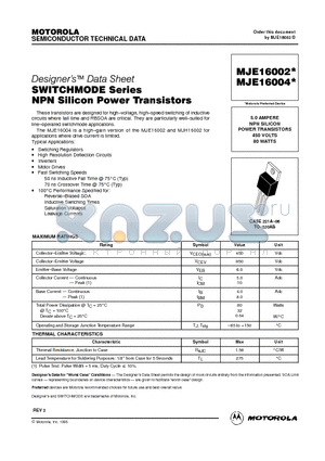 MJE16004 datasheet - 5.0 AMPERE NPN SILICON POWER TRANSISTORS 450 VOLTS 80 WATTS