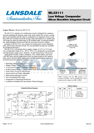 MC33111P datasheet - Low Voltage Compander Silicon Monolithic Integrated Circuit