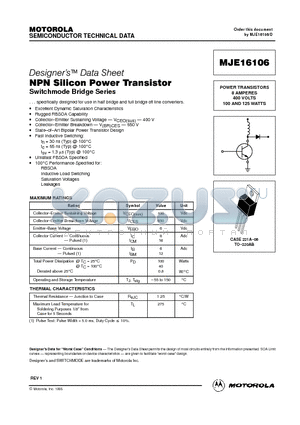 MJE16106 datasheet - POWER TRANSISTORS 8 AMPERES 400 VOLTS 100 AND 125 WATTS