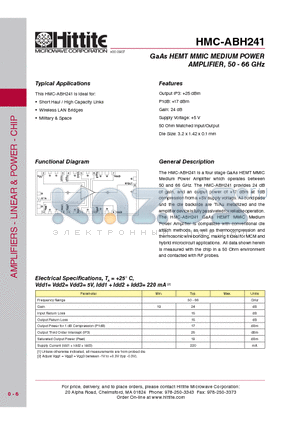HMC-ABH241 datasheet - GaAs HEMT MMIC MEDIUM POWER AMPLIFIER, 50 - 66 GHz