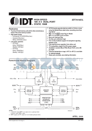 IDT7016L12GG datasheet - HIGH-SPEED 16K X 9 DUAL-PORT STATIC RAM