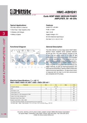 HMC-ABH241_0712 datasheet - GaAs HEMT MMIC MEDIUM POWER AMPLIFIER, 50 - 66 GHz