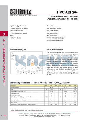 HMC-ABH264 datasheet - GaAs PHEMT MMIC MEDIUM POWER AMPLIFIER, 34 - 42 GHz