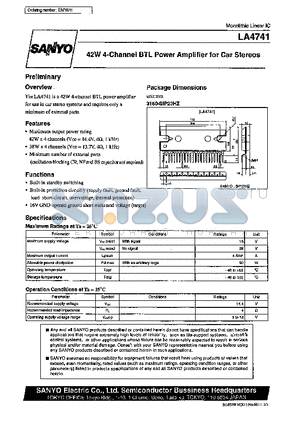 LA4741 datasheet - 42W 4-Channel BTL Power Amplifier for Car Stereos