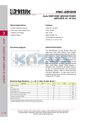 HMC-ABH209 datasheet - GaAs HEMT MMIC MEDIUM POWER AMPLIFIER, 55 - 65 GHz
