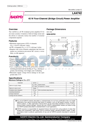 LA4742 datasheet - 45 W Four-Channel Bridge Circuit Power Amplifier