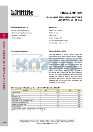 HMC-ABH209_09 datasheet - GaAs HEMT MMIC MEDIUM POWER AMPLIFIER, 55 - 65 GHz