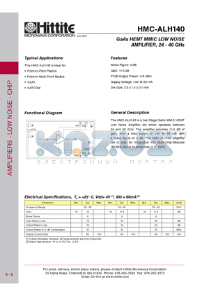 HMC-ALH140 datasheet - GaAs HEMT MMIC LOW NOISE AMPLIFIER, 24 - 40 GHz