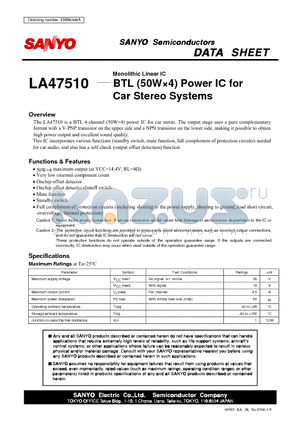 LA47510 datasheet - Monolithic Linear IC BTL (50W4) Power IC for Car Stereo Systems
