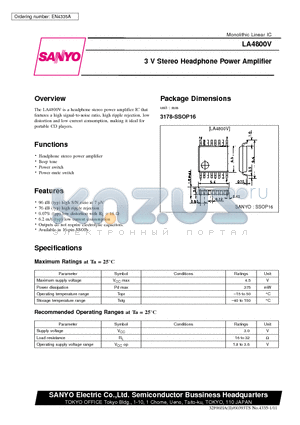 LA4800V datasheet - 3 V Stereo Headphone Power Amplifier