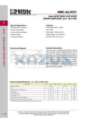 HMC-ALH311 datasheet - GaAs HEMT MMIC LOW NOISE DRIVER AMPLIFIER, 22.0 - 26.5 GHz