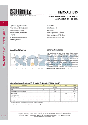 HMC-ALH313 datasheet - GaAs HEMT MMIC LOW NOISE AMPLIFIER, 27 - 33 GHz