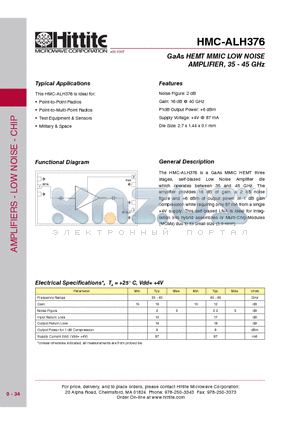 HMC-ALH376 datasheet - GaAs HEMT MMIC LOW NOISE AMPLIFIER, 35 - 45 GHz