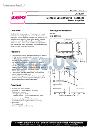 LA4820M datasheet - Monaural Speaker/Stereo Headphone Power Amplifier