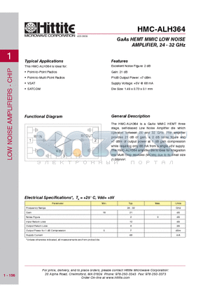 HMC-ALH364 datasheet - GaAs HEMT MMIC LOW NOISE AMPLIFIER, 24 - 32 GHz