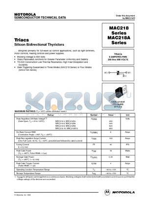 MAC218A10 datasheet - TRIACs 8 AMPERES RMS 200 thru 800 VOLTS