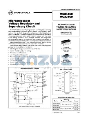 MC33160 datasheet - MICROPROCESSOR VOLTAGE REGULATOR/ SUPERVISORY CIRCUIT