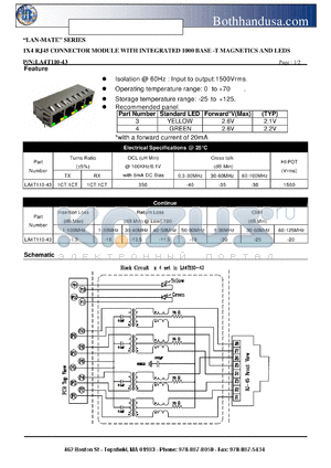 LA4T110-43 datasheet - 1X4 RJ45 CONNECTOR MODULE WITH INTEGRATED 1000 BASE -T MAGNETICS AND LEDS