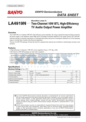 LA4919N datasheet - Monolithic Linear IC Two-Channel 10W BTL High-Efficiency TV Audio Output Power Amplifier
