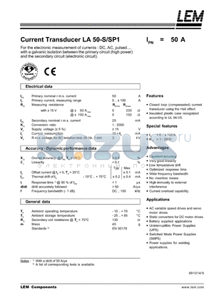 LA50-S/SP1 datasheet - Current Transducer LA 50-S/SP1