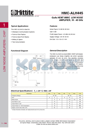 HMC-ALH445 datasheet - GaAs HEMT MMIC LOW NOISE AMPLIFIER, 18 - 40 GHz