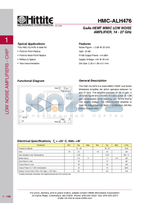 HMC-ALH476 datasheet - GaAs HEMT MMIC LOW NOISE AMPLIFIER, 14 - 27 GHz