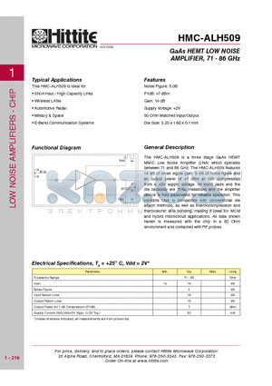 HMC-ALH509 datasheet - GaAs HEMT LOW NOISE AMPLIFIER, 71 - 86 GHz