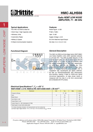 HMC-ALH508_10 datasheet - GaAs HEMT LOW NOISE AMPLIFIER, 71 - 86 GHz