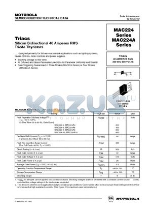 MAC224A8 datasheet - Triacs Silicon Bidirectional 40 Amperes RMS Triode Thyristors