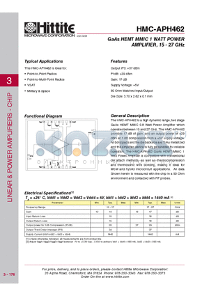 HMC-APH462 datasheet - GaAs HEMT MMIC 1 WATT POWER AMPLIFIER, 15 - 27 GHz