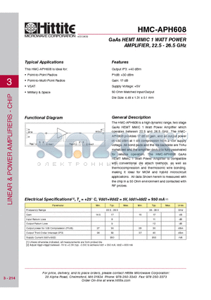 HMC-APH608 datasheet - GaAs HEMT MMIC 1 WATT POWER AMPLIFIER, 22.5 - 26.5 GHz