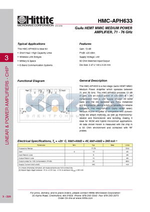 HMC-APH633 datasheet - GaAs HEMT MMIC MEDIUM POWER AMPLIFIER, 71 - 76 GHz