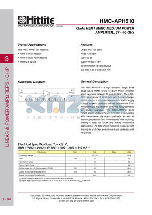 HMC-APH510 datasheet - GaAs HEMT MMIC MEDIUM POWER AMPLIFIER, 37 - 40 GHz