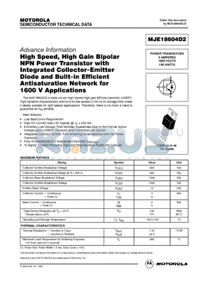 MJE18604D2 datasheet - POWER TRANSISTORS 3 AMPERES 1600 VOLTS 100 WATTS