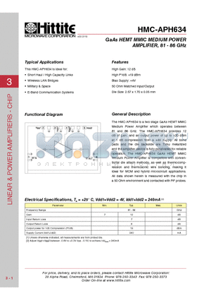 HMC-APH634_1007 datasheet - GaAs HEMT MMIC MEDIUM POWER AMPLIFIER, 81 - 86 GHz