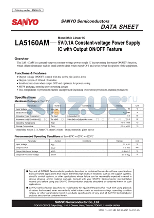 LA5160AM datasheet - 5V/0.1A Constant-voltage Power Supply IC with Output ON/OFF Feature