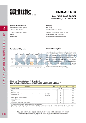HMC-AUH256 datasheet - GaAs HEMT MMIC DRIVER AMPLIFIER, 17.5 - 41.0 GHz