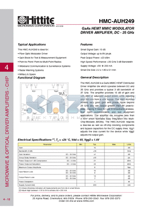 HMC-AUH249 datasheet - GaAs HEMT MMIC MODULATOR DRIVER AMPLIFIER, DC - 35 GHz