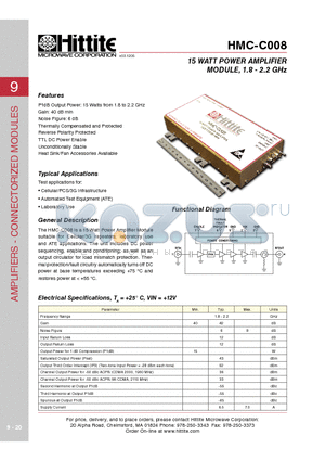 HMC-C008 datasheet - 15 WATT POWER AMPLIFIER MODULE, 1.8 - 2.2 GHz