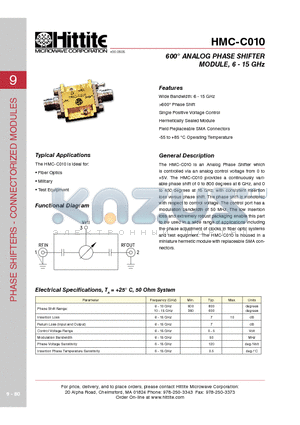 HMC-C010 datasheet - 600` ANALOG PHASE SHIFTER MODULE, 6 - 15 GHz