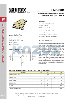 HMC-C015 datasheet - GaAs MMIC DOUBLE BALANCED MIXER MODULE, 24 - 38 GHz