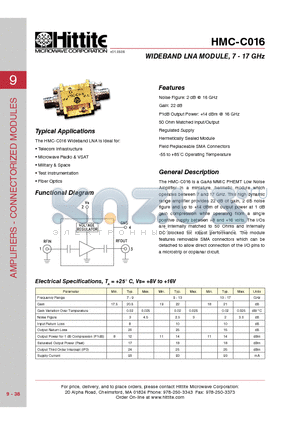 HMC-C016 datasheet - WIDEBAND LNA MODULE, 7 - 17 GHz