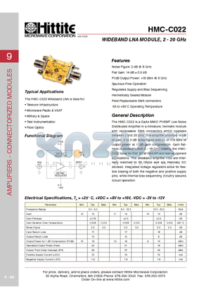 HMC-C022 datasheet - WIDEBAND LNA MODULE, 2 - 20 GHz