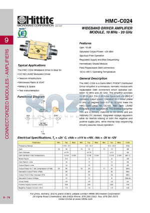 HMC-C024 datasheet - WIDEBAND DRIVER AMPLIFIER MODULE, 10 MHz - 20 GHz
