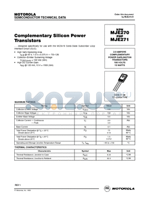 MJE270 datasheet - 2.0 AMPERE COMPLEMENTARY POWER DARLINGTON TRANSISTORS 100 VOLTS 15 WATTS
