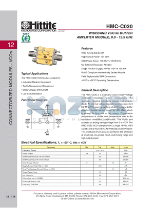 HMC-C030 datasheet - WIDEBAND VCO w/ BUFFER AMPLIFIER MODULE, 8.0 - 12.5 GHz